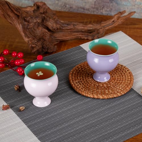 KAMMAK Tea Cups, 3oz Small Tea Set of 2 for Home, Party, Office, Porcelain Tea cups with Short Stem, Cute Ceramic Teacups, Chinese Kungfu Tea Set for Hot/Cold Drink (Apricot Pink and Hibiscus Purple) - style: 676N+677N Pink and Purple