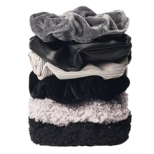Scrunchies for Women 6Pcs Black Grey Velvet Scrunchies for Thick Thin Hair Ultra Textured Soft Hair Bands Neutral Scrunchie No Damage Ponytail Holders Cute Scrunchie Pack Hair Accessories - color: Black 6PCS