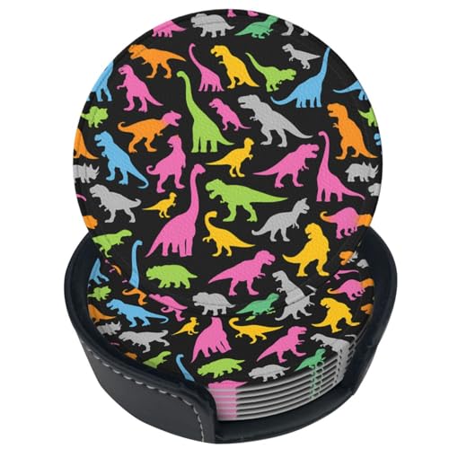 6 Pcs Leather Coasters for Drinks with Holder Cute Colorful Dinosaurs Coaster Sets Drink Table Cup Coasters for Kitchen Coffee Decor - color: Colorful Dinosaurs