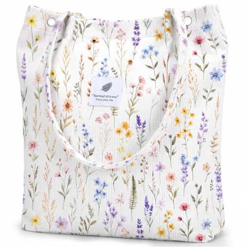 Ayieyill Corduroy Tote Bag for Women Canvas Shoulder Cord Purse with Inner Pocket - color: Cottagecore