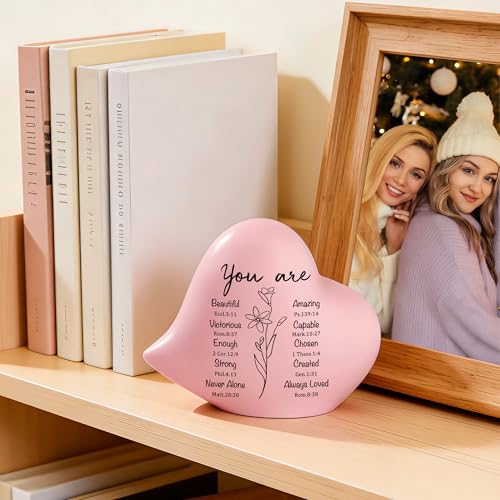 Pink Ceramic Heart Figurine, Christian Gift for Women, 4 Inch - style: Christian