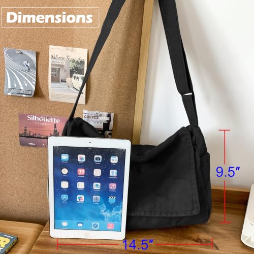 Messenger Bag for Women Men Satchel Bag Canvas Crossbody Shoulder Bag Casual Sling Bag - color: Black