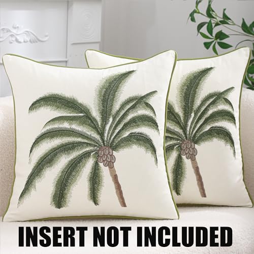 Embroidered Throw Pillow Covers 18x18 inch Pack of 2 Green Palm Tree - color: A Green Coconut Tree