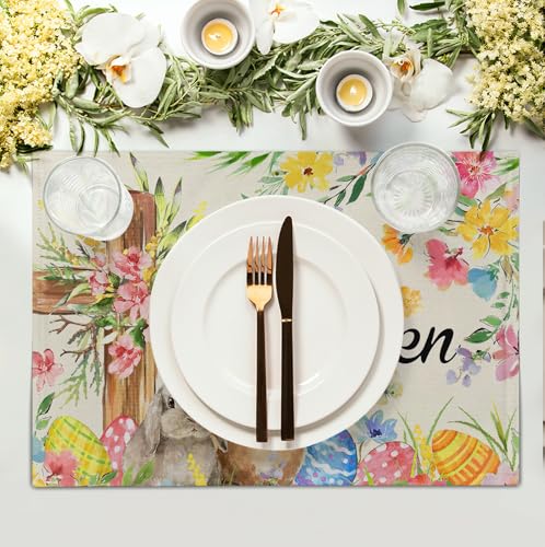 He is Risen Easter Placemats Set of 4 12x18 Inch Bunny Floral Cross Table Mats Spring Rabbit Flowers Eggs Place Mat for Dining Table Party Kitchen Decoration - color: Easter Floral Cross