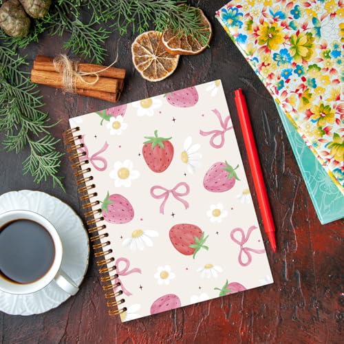 JXREQ Pink Bow Strawberry Notebook Journal for Women Girls Gifts, Strawberries Daisy Journaling Notebooks for Work Study, Girly Cute Spiral Notebooks 5.5x8.3 - color: Fruit 5