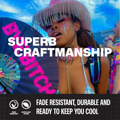 SoJourner Bags Bye B*tch Rave Fan - Large Folding Clack Fan for Men and Women - Rave Accessories for EDM, Line Dancing, Cosplay, Concerts and More - color: Bye B***