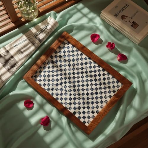 42x32CM Rectangle Mother of Pearl Checkerboard Wood Border Serving Tray - color: Checkerboard