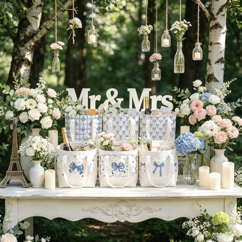 6 Pcs Mini Floral Bow Tote Bags for Women White Canvas Tote Bag Bulk Reusable Coquette Bags for Wedding Party Favor - color: Blue Bow