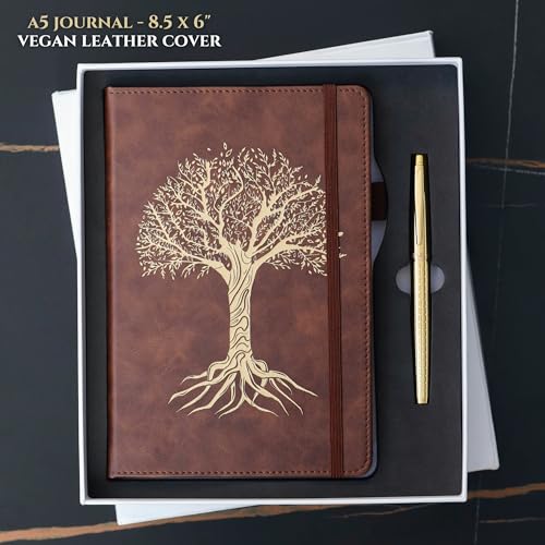 Veway Vegan Leather Journal and Pen Set, Tree of Life Notebook, A5 Lined Writing Journal with 224 Pages, Index and Gift Ready Box