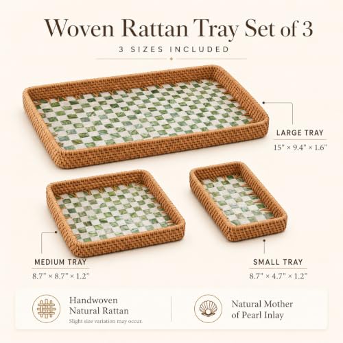 Handwoven Rattan Tray Set of 3 with Mother of Pearl Green Check Inlay - color: Green Check