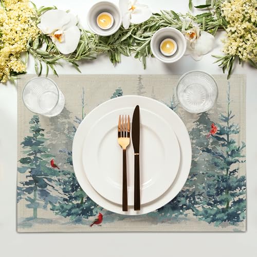 Winter Forest Tree Placemats Set of 4，Pine Tree Christmas Red Bird Heat Resistant Non Slip Place Mats Cotton Linen Tablemats for Dining Table Kitchen Decor 18 x 12 Inch - color: Winter Watercolor Pine Tree