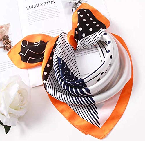 ANDANTINO 100% Mulberry Silk Scarf -21” Square Neckerchief with Gift Packed - color: Black& Orange Geometric