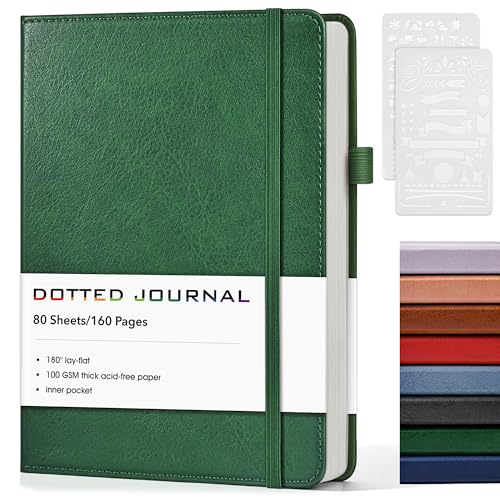 Dotted Journal Notebook, A5 Leather Hardcover, 160 Pages, 180° Lay-Flat Binding, 100 GSM Thick Paper, Dot Grid for Bullet Journaling, Planning & Daily Organization (Green) - color: Green, size: Dotted
