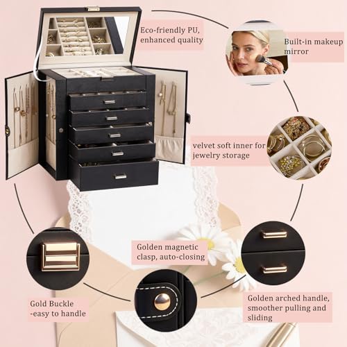 BOOVO Large Jewelry Box for Women 6 Layer - color: Gold and Black, size: 6 Layer