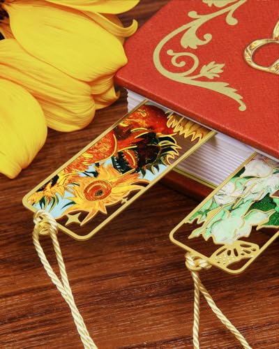 4 Pieces Metal Bookmarks with Tassel, Golden Hollow Bookmark Van Gogh Monet Oil Painting Theme Book Marker for Book Lovers Writers Readers Children Teens Men Women Adults - style: Paintings-4PCS