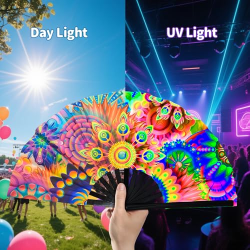 EOSAU Large UV Glow Rave Fan, Folding Hand Fans for Line Dancing, Flowers - color: 13" Flowers