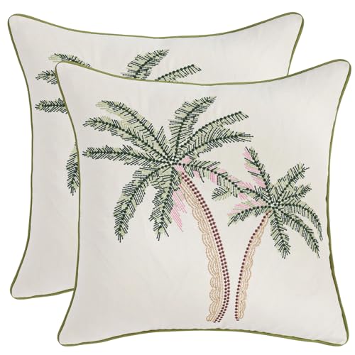 Embroidered Throw Pillow Covers 18x18 Pack of 2 Green and Pink - color: Green Pink Coconut Trees