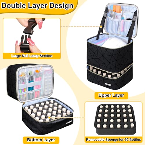 Covkev PU Leather Nail Polish Organizer Bag Holds Nail Lamp& 30 Bottles (15ml-0.5 fl.oz), Portable Travel Nail Kit Storage Carrying Case, Double Layer Nail Supplies Organizer Handbag (Elegant Black) - color: Elegant Black - 30 Bottles
