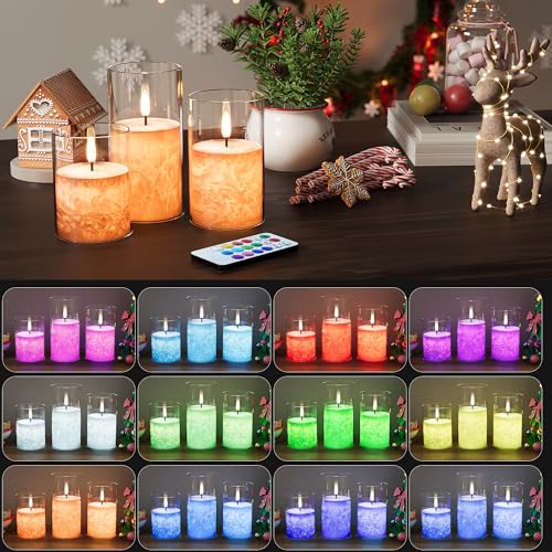 Battery Operated Flameless Candles with Remote & Timer, 12Color Glass 3Pack - color: Multicolor
