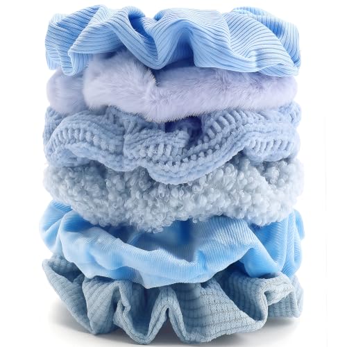 Scrunchies for Women Girls 6Pcs Blue Velvet Scrunchies for Thick Hair Ultra Textured Soft Scrunchy Hair Ties Solid Elastic Hair Bands Fuzzy Ponytail Holders Cute Hair Accessories Holiday Gift - color: Blue(A) 6PCS