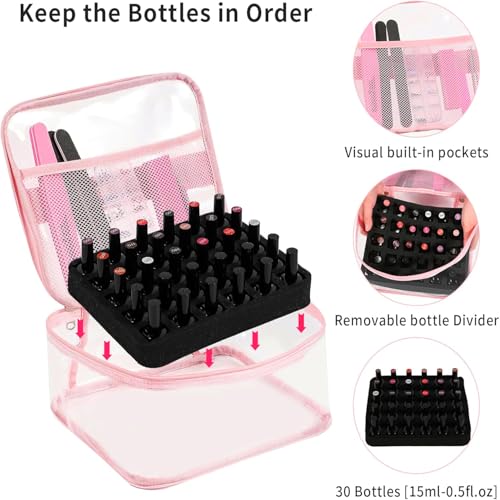 Beloving Clear Nail Polish Organizer Holds 30 Bottles PVC Nail Polish Case See-Through Nail Supplies with Manicure Tools Storage Sections, Portable Travel Nail Tech Carrying Bag for Storage Display - color: 1.Pink