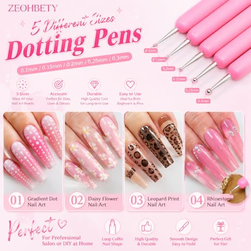 Nail Art Brushes, 5Pcs Nail Art Liner Brushes, Dotting Pen Tools, Painting Design Brush Set for Long Lines, Thin Details, Fine Drawing Sizes 7/9/11/15/22mm, Pink - color: Pink