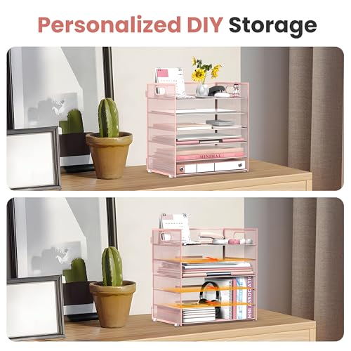 Daltack 6-Tier Paper Organizer for Desk with Handle, Pink - color: Pink