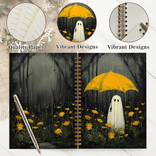 Notebook Journal for Women - A5 Spiral Notebook with Ghost in forest Design, Vintage Dark Romantic Ghost Wildflowers, Gothic Office & School Supplies, Unique Gifts for Women Birthday, Christmas (Yellow umbrella) - color: Yellow umbrella