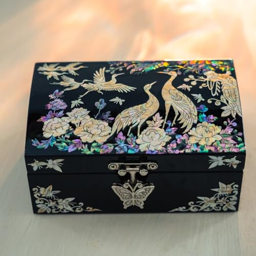 February Mountain Mother of Pearl Jewelry Box – Christmas, Birthday, Valentine’s Day & Mother’s Day Gift for Women, Wedding Keepsake, Elegant Holiday Stocking Stuffer (Cranes in Bloom) - color: Cranes in Bloom