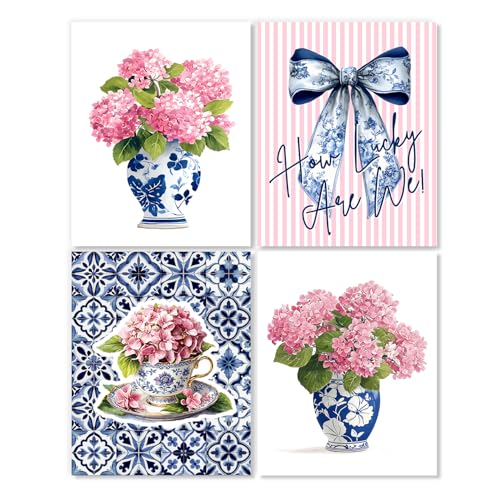 LUKIPOM Pink Chinoiserie Hydrangea Wall Art Poster, Coquette Blue Bow Grandmillennial Floral Wall Decor Gifts for Women Teen Girls Home Bedroom Living Room，8x12inin Set of 4 Unframed - color: Color 010
