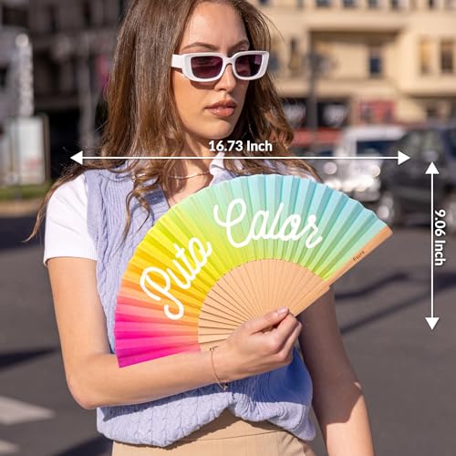 Fisura – Original Folding Fan with Message “P*to calor”. Rainbow Handheld folfing Fan for Women. Glows in the Dark. Fans for Wedding, Party, Birthday, Gift, Decorations. - color: Calor, Rainbow