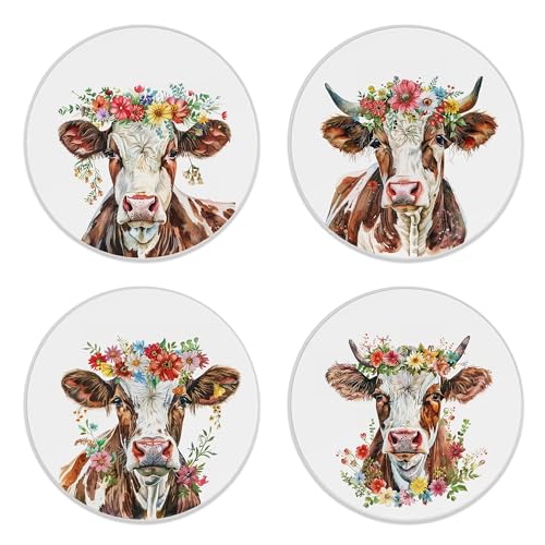 Drink Coasters Set of 4, Highland Cow with Flower Coasters for Drinks Ceramic Coasters with Cork Bottom for Kinds of Mugs and Cups,Home Decor,4'' - color: Highland Cow With Flower