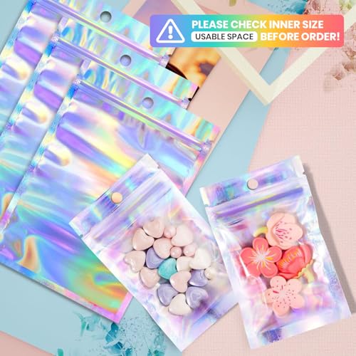 Funfery 100pcs Mylar Holographic Bags-Resealable Zipper&Clear Window - color: Holographic, size: 2.4 x 3.9 Inch
