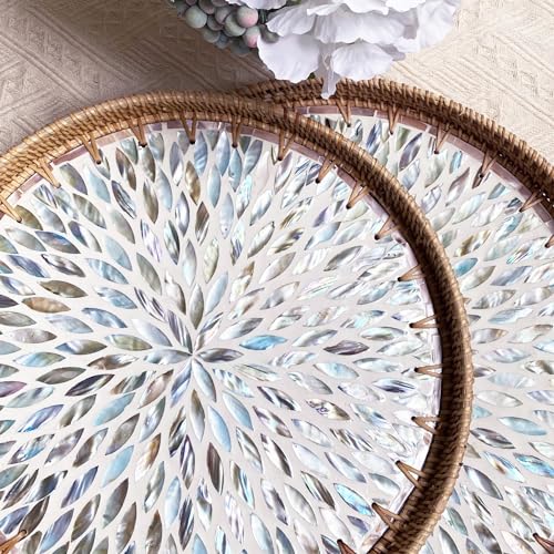 i-lan 16" Rattan & Mother of Pearl Round Decorative Serving Tray for Table - size: 16"