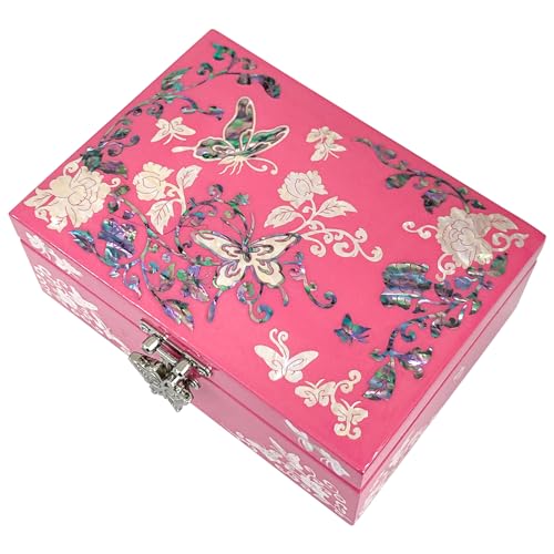 Mother of Pearl Jewelry Ring Necklace Mini Trinket Wooden Box - Inlay with Sea Shell Gifts for Women (Pink) - color: Pink