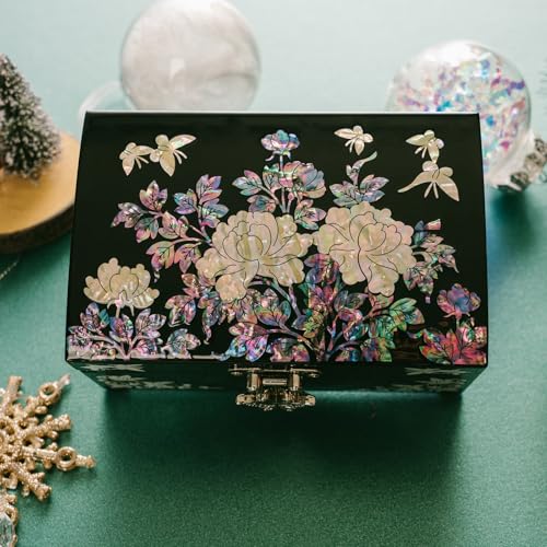 February Mountain Mother of Pearl Small Jewelry Box with mirror lid, Jewelry Storage Organizer for Earring, Necklace, Rings, Bracelet & Accessories - color: Black