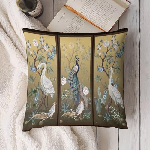 Peacock Peony Crane Pillow Covers,Vintage Asian Chinese Style Japanese Throw Pillow Covers for Home Couch Sofa Bed Decor 18x18in - color: Orange-white, size: 18" x 18" (Pack of 2)