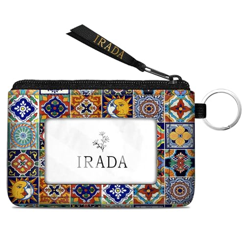 IRADA ID Case Wallet Keychain with Clear ID Window Zipper Cute Coin Purse for Women Water Resistant Small Coin Pouch-Mexican Talavera Tile Keychain Wallet - color: Mexican Talavera Tile-Keychain Wallet