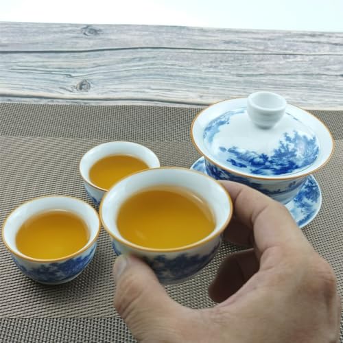 Jingdezhen Chinese Tea Set Porcelain Service Gaiwan Tea Cups Mug of Tea Ceremony Teapot,One Teapot and Three Cups Bone Kung Fu Tea Ceremony Party Home Office Décor（Landscapes）