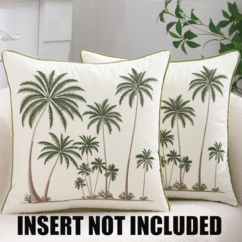 Palm Tree Embroidered Throw Pillow Covers 18x18 Pack of 2 - color: Tropical Palm Trees Green