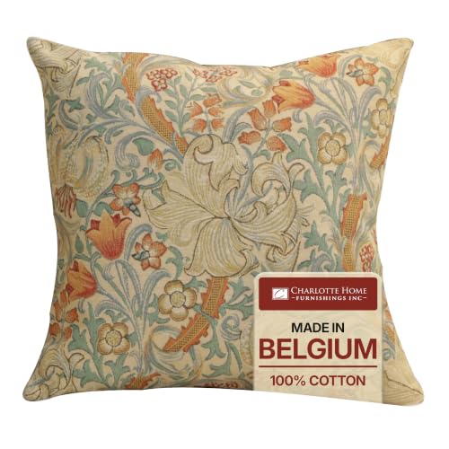 William Morris Golden Lily Light Tapestry Throw Pillow Cover 18 x 18 in - color: Cream,blue,green,orange,red,yellow