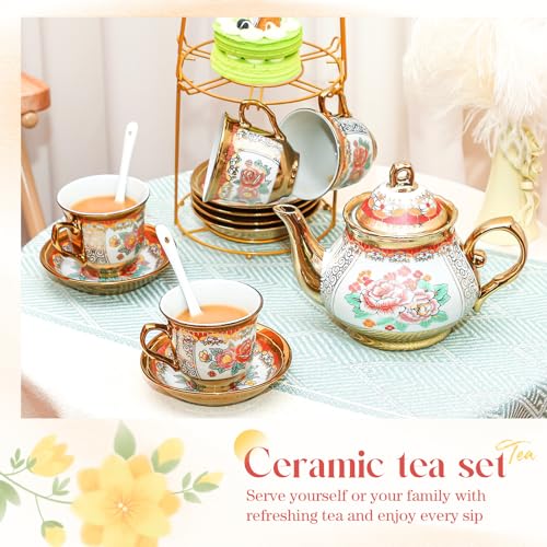 20 Pcs Adult Tea Party Set Porcelain with Metal Holder, Classic - style: Classic