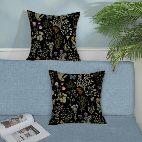 Floral Pillow Covers 18x18 Pack of 2 Black Green Botanical Wildflower Throw Pillow Covers,Spring Summer Plants Flower Decorative Pillowcase Farmhouse Cushion Case for Home Sofa,Outdoor Decor - color: Black Botanical Wildflower, size: 18" x 18" (Pack of 2)
