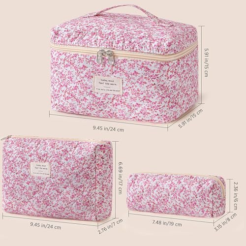 HBselect Quilted Makeup Bag, 3Pcs Cotton Large Travel Makeup Bags Organizer - color: A-3PCS-Floral 20