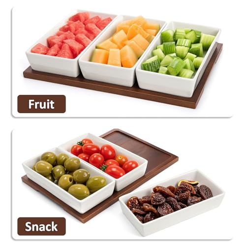 Elsjoy 3-Section Serving Tray, Wood Divided Serving Dish with Ceramic Bowls, 3-Compartment Food Platter Dipping Tray for Appetizer, Fruits, Bread