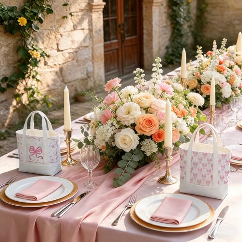 6 Pcs Mini Floral Bow Tote Bags for Women White Canvas Tote Bag Bulk Reusable Coquette Bags for Wedding Party Favor - color: Pink Bow