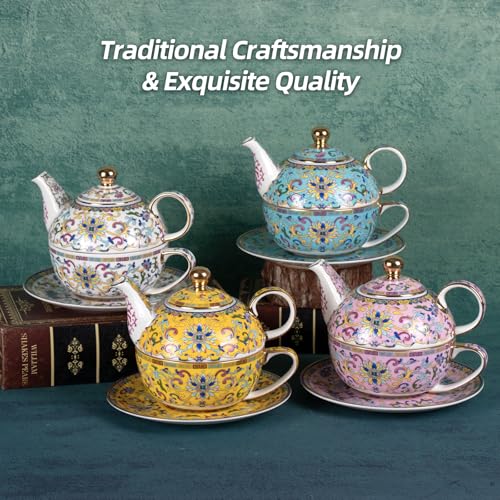 KAMMAK Tea for One Set, Ceramic Teapot, Bone China Tea Set, Cup and Saucer - color: Pink