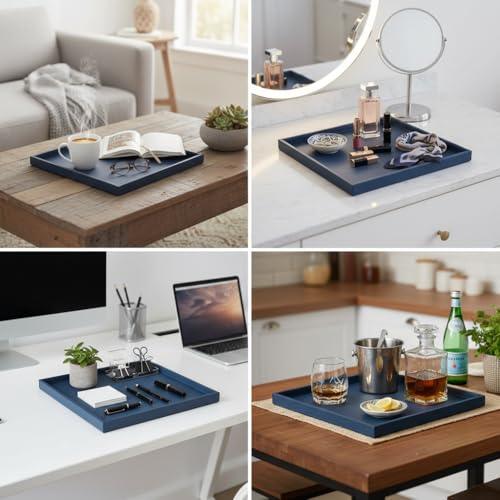 30 * 30 Inch Rectangular Ottoman Tray | Textured PU Leather, Waterproof & Heat-Resistant Storage for Coffee/Dining Tables, Sofa, Bed, Entertainment & Party (Navy Blue, 30 * 30in) - color: Navy Blue, size: 30" x 30" x 1.5"