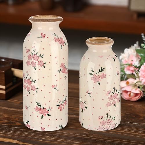 2 Pcs Ceramic Small Vase Rustic Farmhouse Vase Boho Vases Home Decoration for Your Kitchen Bedroom Office Bathroom & Shelf Centerpiece Table Decorative(Romantic)
