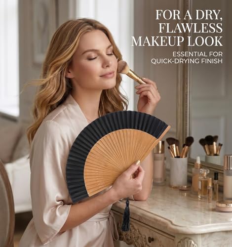 Japanese Folding Hand Fan for Women - Bamboo Silk Handheld Foldable Fan with Tassel & Pouch for Hot Flashes, Rave, Church, Gift,Wedding - Whisper-Quiet, Purse Size (Bamboo Black) - color: Bamboo Black